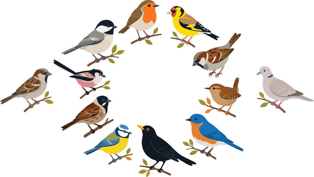 Diverse songbirds in a circular arrangement on branches during daylight vector illustration
