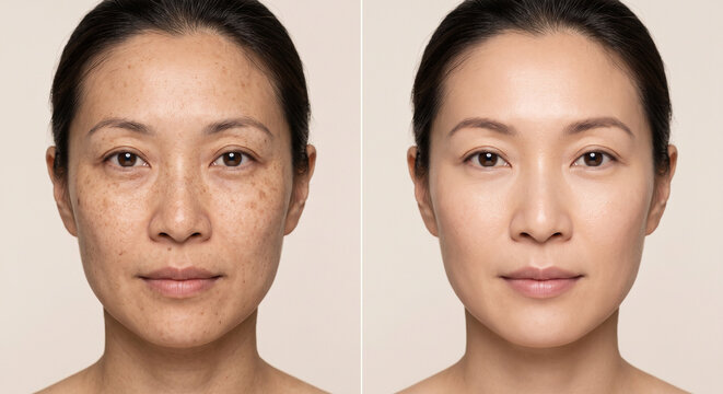 Before and after skincare comparison of Asian woman with reduced freckles and more even skin tone