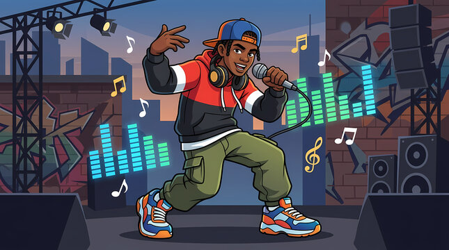 Hip hop cartoon character performing rap on urban graffiti stage