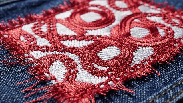 Close up of Red and White Embroidered Patch on Denim Fabric