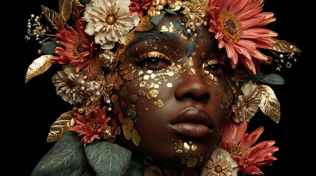 Radiant young woman with dark skin adorned with metallic gold flakes and vibrant floral crown against a deep black background