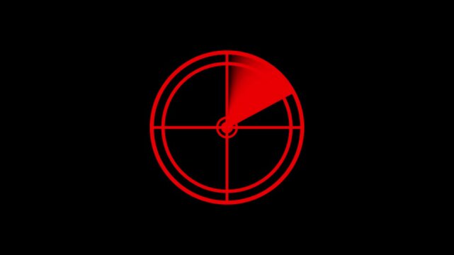 Red radar screen interface with a rotating scanning beam on a solid black background