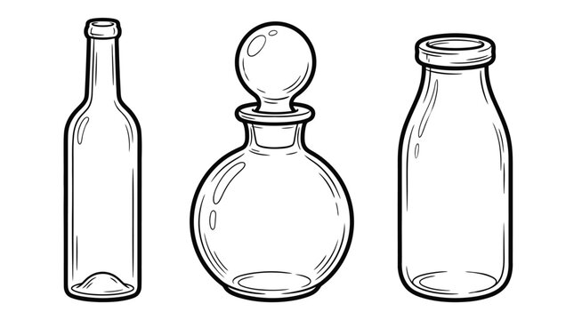Vintage apothecary glass bottles line art set featuring round potion decanter with crystal stopper wine container and milk jar vector illustration isolated
