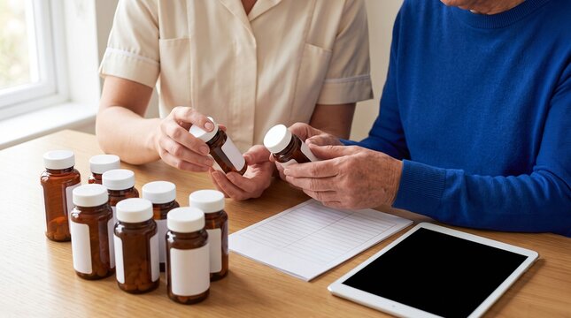 Nurse Practitioner Reviewing Medication List with Older Patient