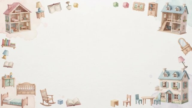 Watercolor illustration of dollhouses and furniture arranged in a decorative border with copy space.