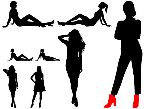 Collection of female silhouettes in various poses with red boots