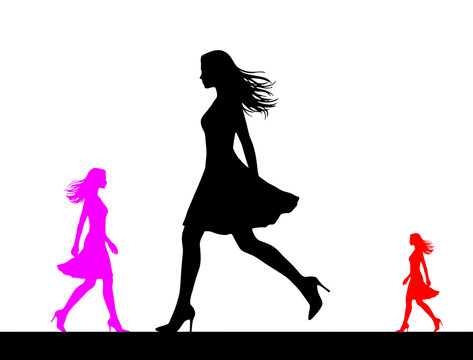 Silhouettes of three women walking in different sizes on a white background