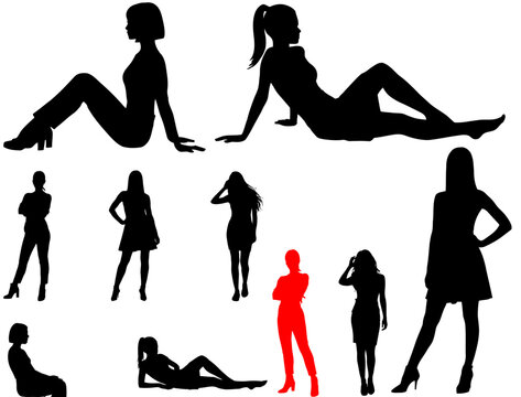 Collection of female silhouettes in various standing and sitting poses isolated on white background