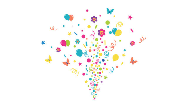 Colorful celebration burst design featuring party balloons, confetti, stars, butterflies, and flowers on white.