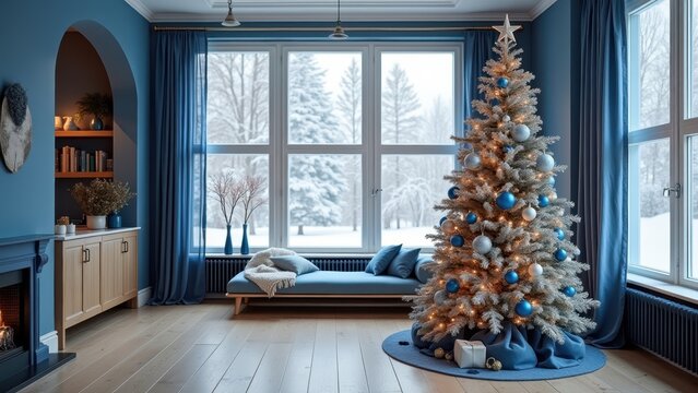 Photorealistic Christmas interior in an unusual palette of cobalt blue, silver and warm ivory, elegant tree with blue glass ornaments, snowy window outside
