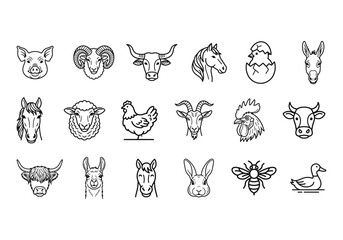 Fototapeta premium Minimalist farm animal line icons, set of 18 livestock vector illustrations, modern black and white agricultural symbols for branding