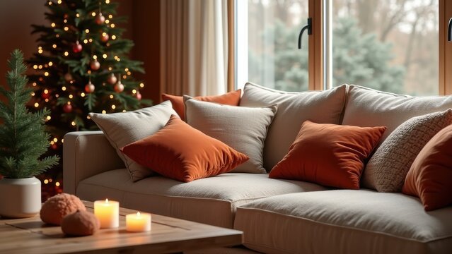 Cozy photorealistic Christmas living room, terracotta velvet decorations, warm beige textiles, handmade ceramic ornaments