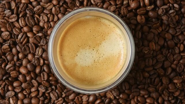 Glass espresso cup rotates on roasted coffee beans in top view for cafe and beverage advertising