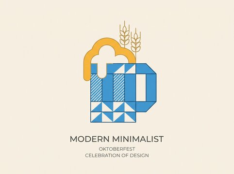 Modern minimalist Oktoberfest logo design featuring a geometric blue beer mug with Bavarian diamond pattern, beer foam, wheat stalks, and sleek typography on a cream background.