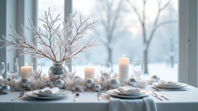 winter Christmas table decorated entirely in silver, frosted branches, metallic ornaments, white candles, crystal glassware, snowy window background