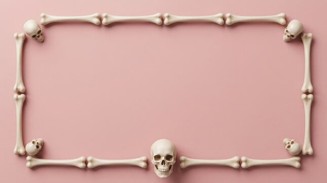 Spooky halloween frame made of human bones and skulls set against a soft pastel pink background space