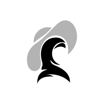 A black and grey abstract vector logo of a woman wearing a hijab and a wide-brim hat against a white background.