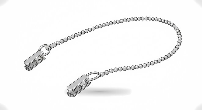 Dental bib clip with metal ball chain and dual alligator clamps for medical patient napkins, isolated on white background for professional healthcare and dentistry use.
