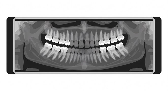 Dental panoramic x-ray scan showing complete upper and lower teeth structure, jawbone, and roots for medical diagnostic or orthodontic treatment illustration.