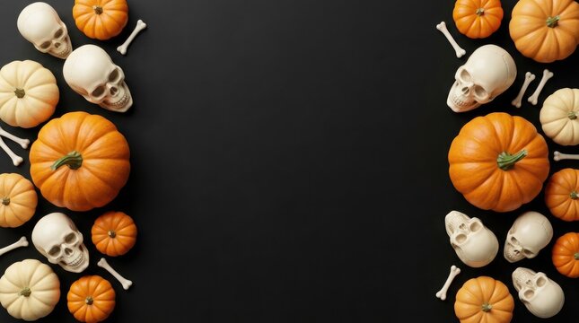 A spooky halloween flat lay featuring pumpkins skulls and bones on a dark textured background