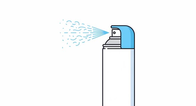 Minimalist line art illustration of a generic aerosol spray can releasing a blue mist or cloud, suitable for cleaning, hygiene, disinfection, or air freshener concepts.