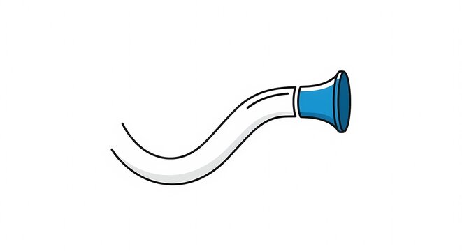 Minimalist vector illustration of a curved flexible white tube with a blue suction nozzle tip isolated on a white background.