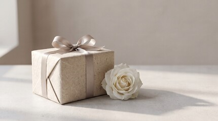 Fototapeta premium Minimalist beige wrapped gift box with silk ribbon and white rose on table
