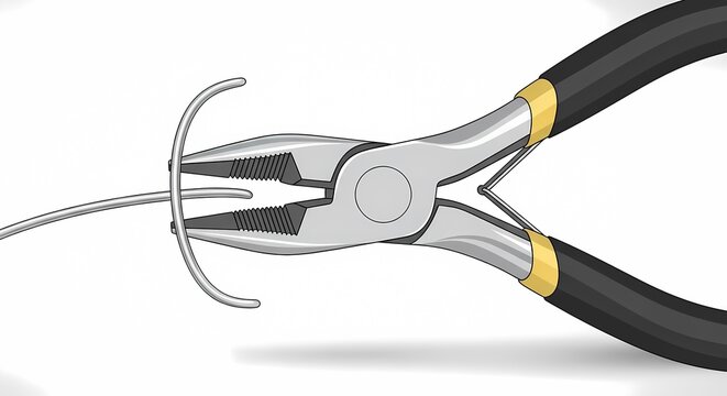 Needle nose pliers bending metallic wire vector illustration, essential hand tool for electrical repair and precision craft isolated on white background.