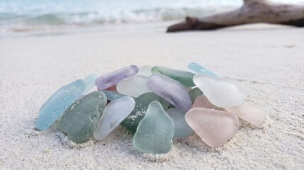 Fototapeta premium Multi-colored pastel sea glass pieces on a white sand tropical beach