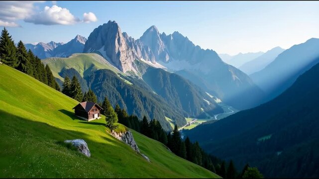 A house situated in the middle of a green valley, surrounded by nature