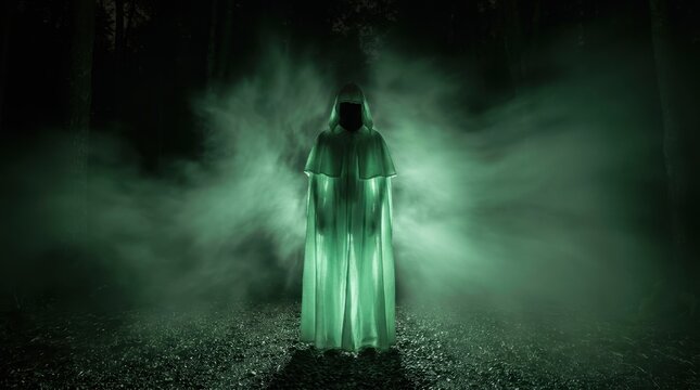 Mysterious hooded figure surrounded by swirling mist and ethereal green light, dark supernatural Halloween atmosphere for eerie fantasy backgrounds