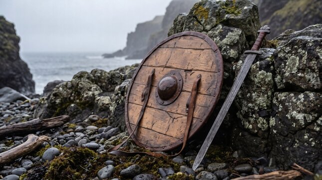 Ancient Norse wooden shield and iron sword on a misty rocky coastline