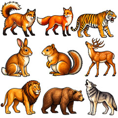 Obraz premium Colorful Wildlife Animals Vector Illustration Set with Bold Outlines