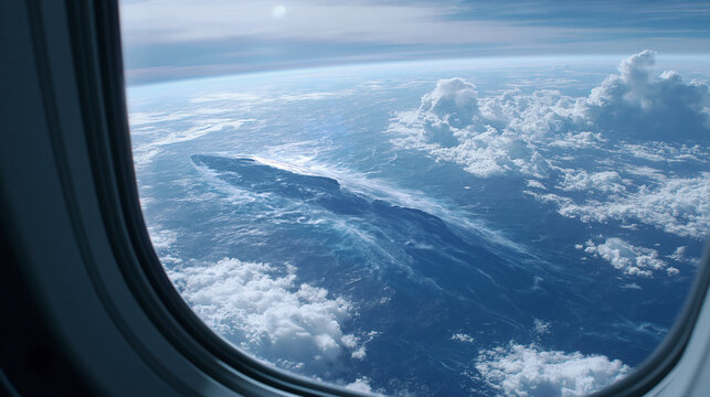 Aerial view of earth through airplane window showing vast ocean and white cloud formations.