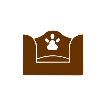A brown vector logo featuring a comfortable pet bed decorated with a white paw print against a white background.