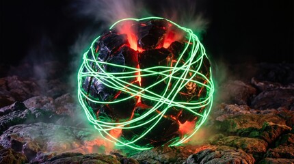 Fototapeta premium Abstract Obsidian Sphere with Glowing Green Wires and Red Lava Cracks on Rock