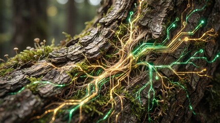 Fototapeta premium Conceptual tree bark transforming into glowing digital neural network circuits