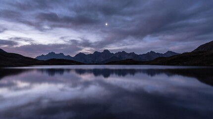 Fototapeta premium Bright Star Reflecting in Calm Alpine Lake under Twilight Cloudy Sky