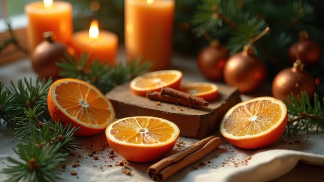 Photorealistic Christmas still life with dried orange slices, cinnamon sticks, pine branches, warm candles and handmade ornaments on textured linen