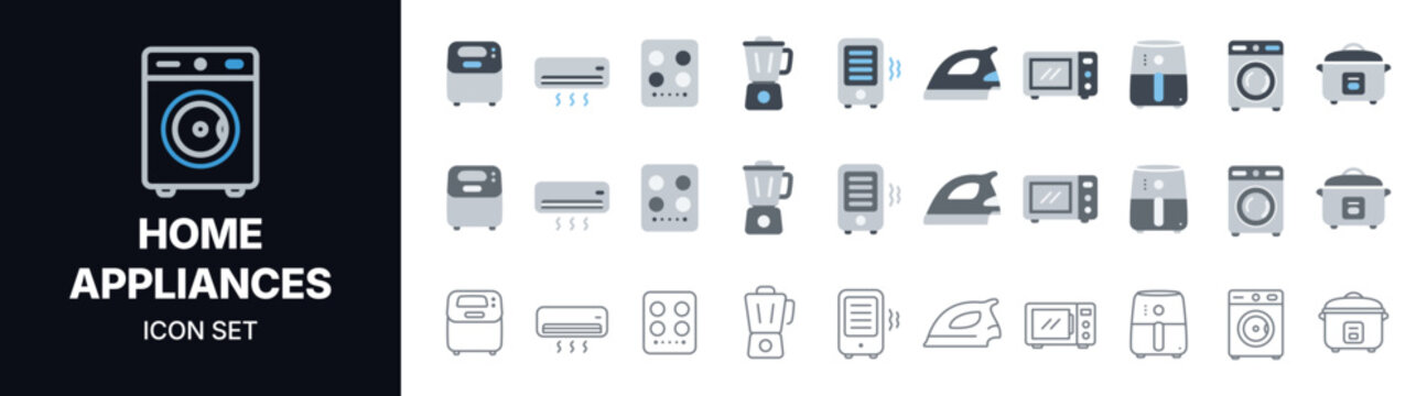 Home Appliances Icon Pack with Washing Machine, Air Conditioner, Stove, Blender, Heater, Iron, Microwave, Coffee Maker, Rice Cooker and Kitchen Equipment in Blue Gray Vector Style