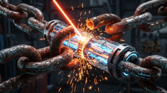 Laser Beam Cutting Heavy Rusted Metal Chain with Intense Sparks and Blue Glow