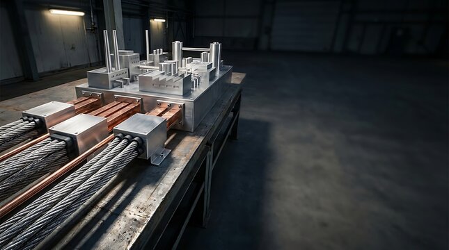 Industrial energy infrastructure model showcasing power grid components on a laboratory workbench