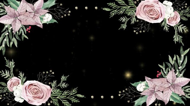Elegant watercolor floral border with pink roses and poinsettias against a dark festive background with elegant arrangement creates seamless horizontal sequence