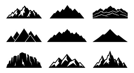 Mountain Silhouettes Vector Icons, Peak Landscapes Collection, Summit Graphics for Adventure and Nature Themes © Hasib