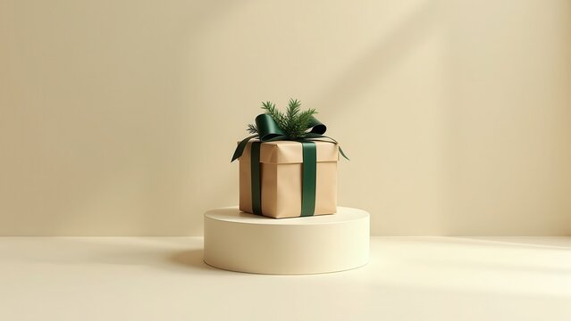 Photorealistic single Christmas gift on a cream pedestal, natural handmade paper wrapping, dark green ribbon, small evergreen branch