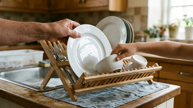 Family Washing Dishes Together in Kitchen