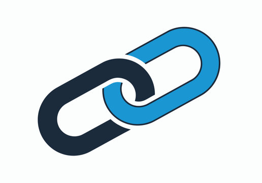 Two interlocking chain links in blue and dark gray representing strong connection, partnership, and unbreakable bond, symbol of unity.