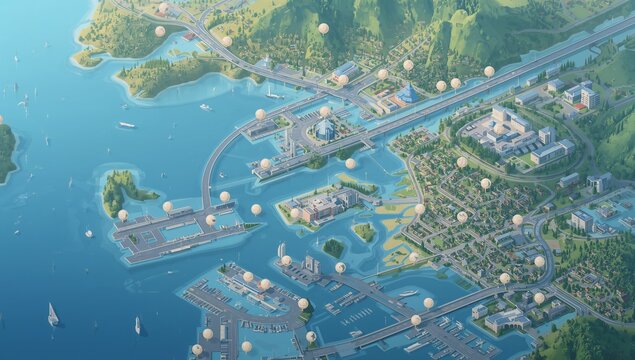 Aerial isometric map of a coastal city with bridges and harbor
