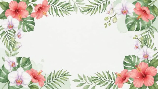 Beautiful watercolor tropical floral frame with hibiscus, orchids, and palm leaves on a light background, perfect for summer designs.