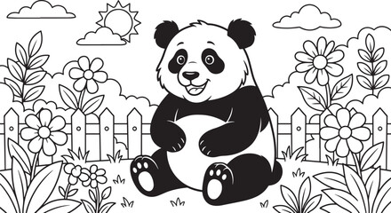 A happy panda sitting in a flower garden behind a wooden fence under a sunny sky with clouds, presented as a black and white line coloring page for children to fill with also transparent background © PixelSaga MH2 